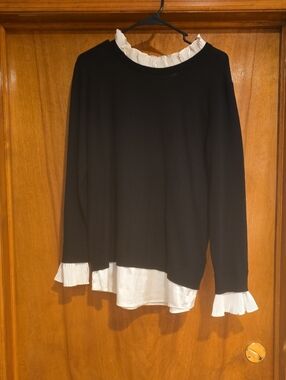 Sioni Black Pullover with White Ruffled Collar & Cuff Trim